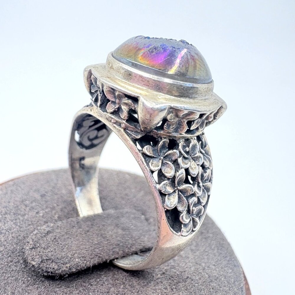 Druzy Quartz Floral Shoulder Statement Ring VTG Sterling Silver 925 Size 9